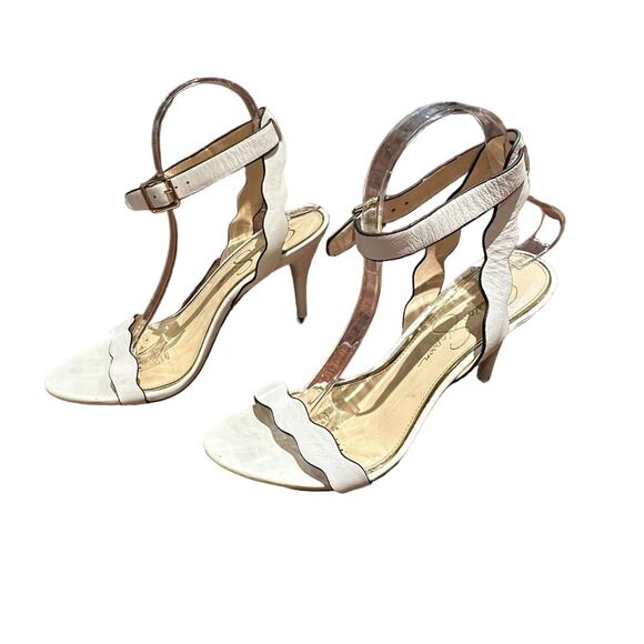 Jessica Simpson Womens Size 8 Ankle Strap White Scalloped Leather Heels - Picture 1 of 9